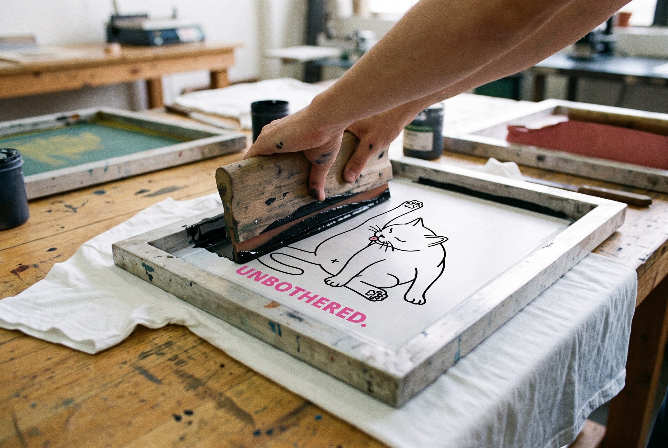 Screen printing the Unbothered Cat in our lab